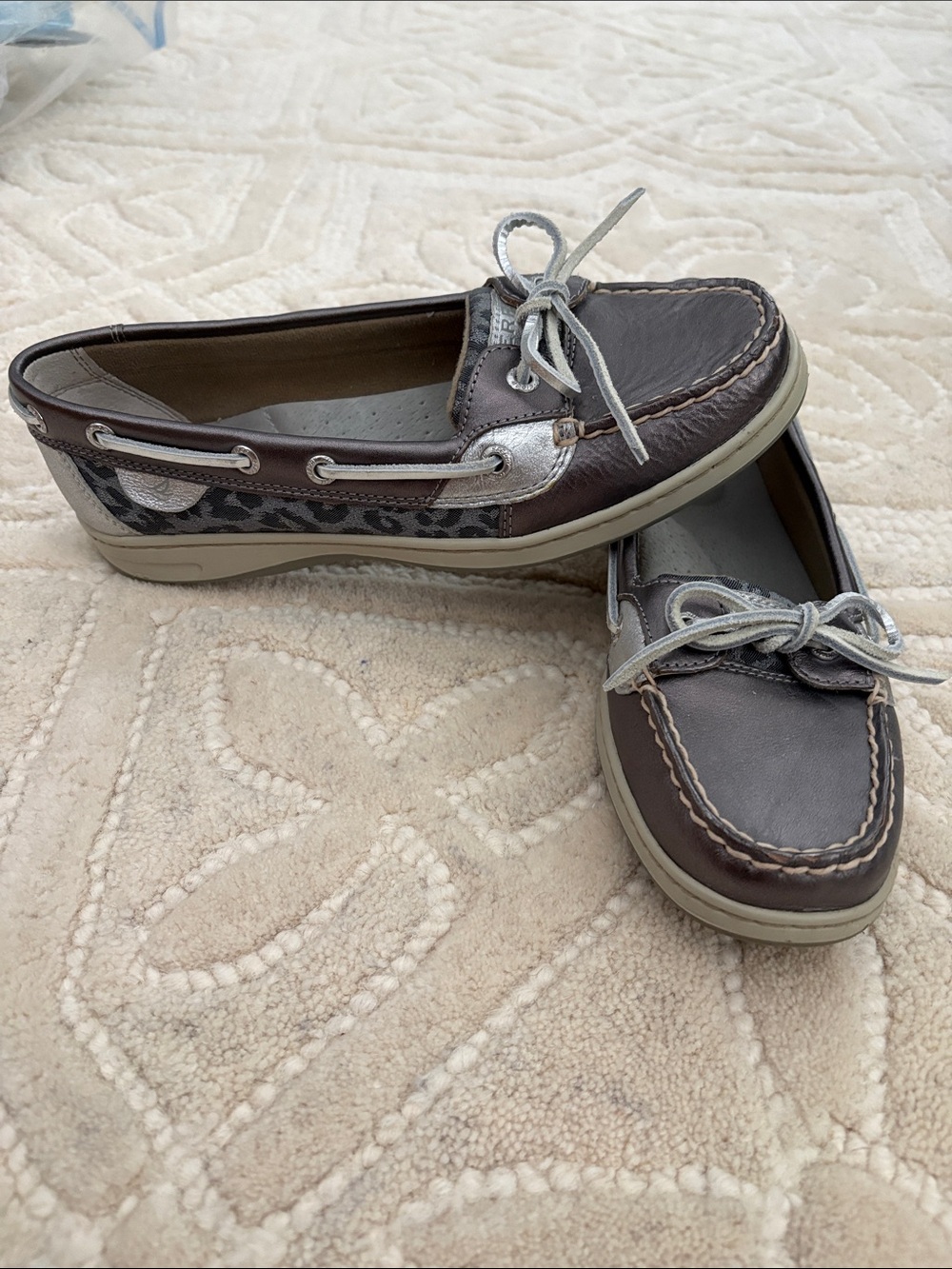 Sperry grey Leather & Silver-Trim Boat Shoes